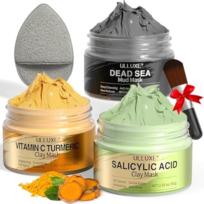 ulluxe FACIAL CLAY MASK SET - VITAMIN C TURMERIC FACE MASK, DEAD SEA MUD & SALICYLIC ACID (BHA) MASK FOR PORE CLEANSING, BRIGHTENING, BLACKHEADS & DARK SPOTS, FACE MASKS SKINCARE GIFT FOR WOMEN, 2.82 OZ EACH - Image 1